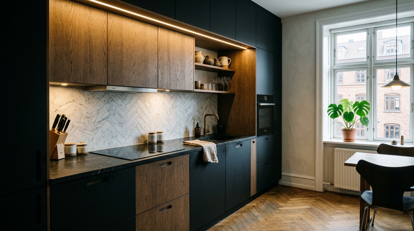 Cocina de diseño con roble ahumado y cuarzo